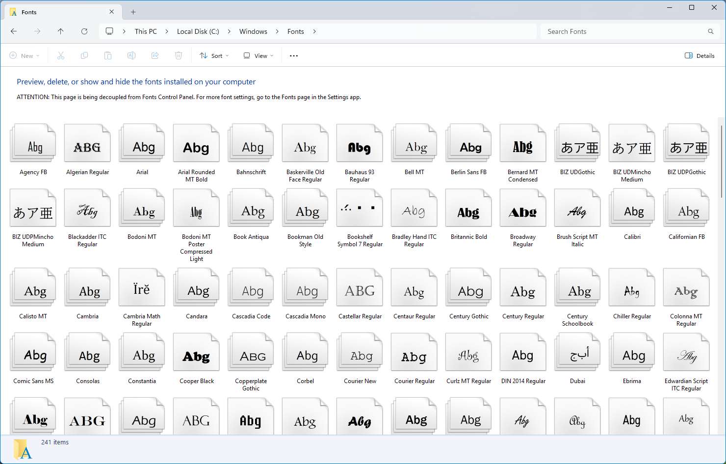 The Fonts folder in Explorer